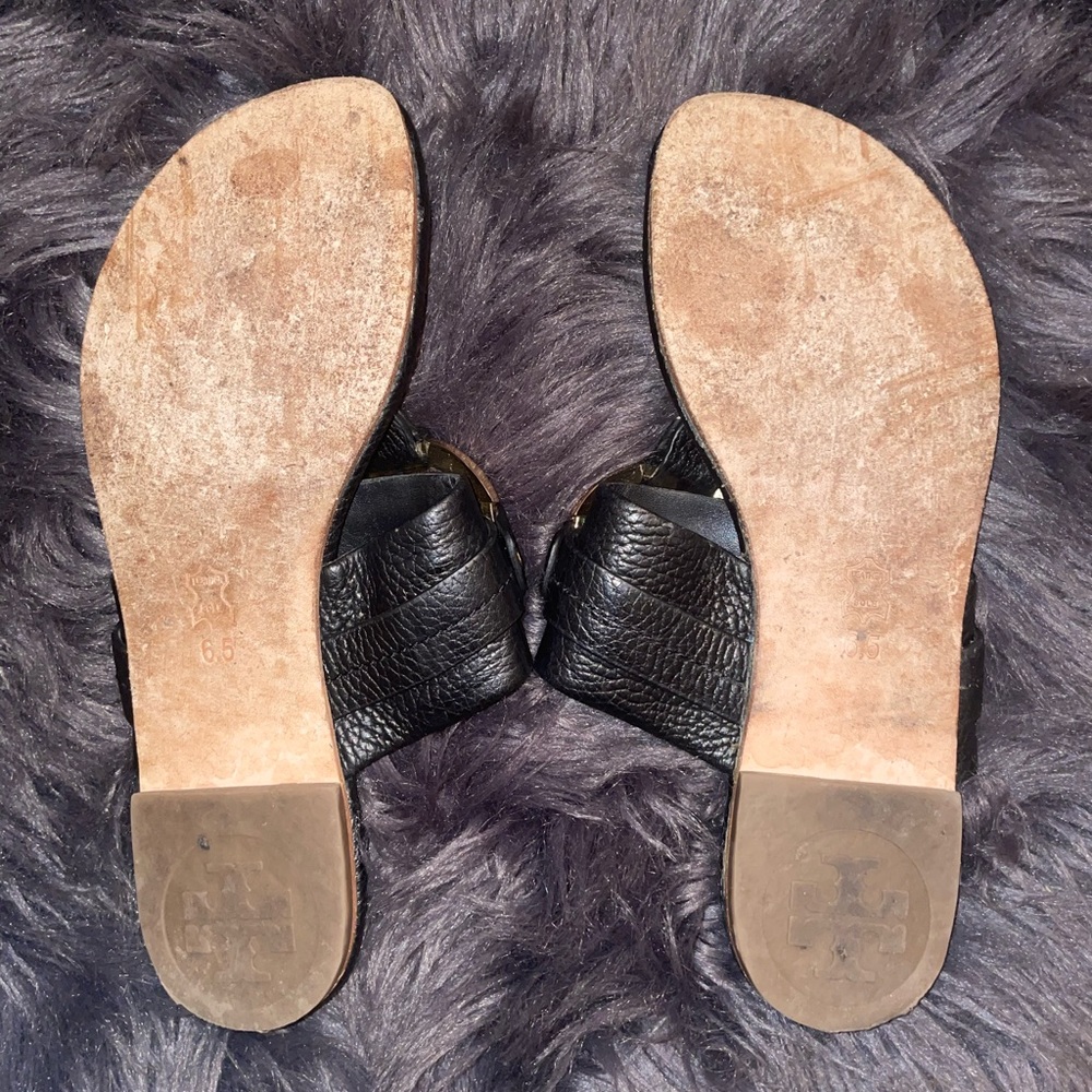 Tory Burch Black Leather Sandals with Gold Accents - Picture 2 of 5